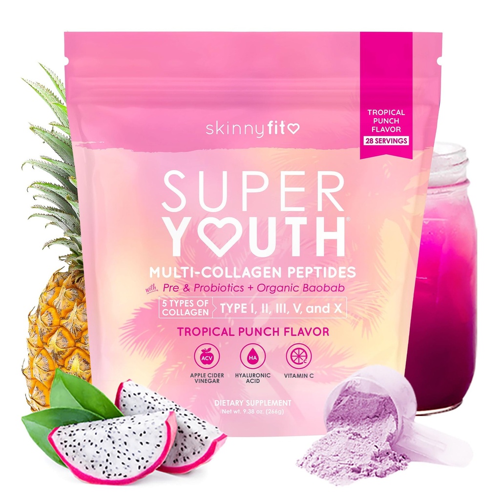 SkinnyFit - Super Youth Collagen for Women - Multi Collagen Peptides Powder - Probiootit, kuitu, Hyaluronic Acid - Non GMO, Gluteeniton, Sokeriton - Kauneus ja itsehoito - Trooppinen Punch (28 Servings)