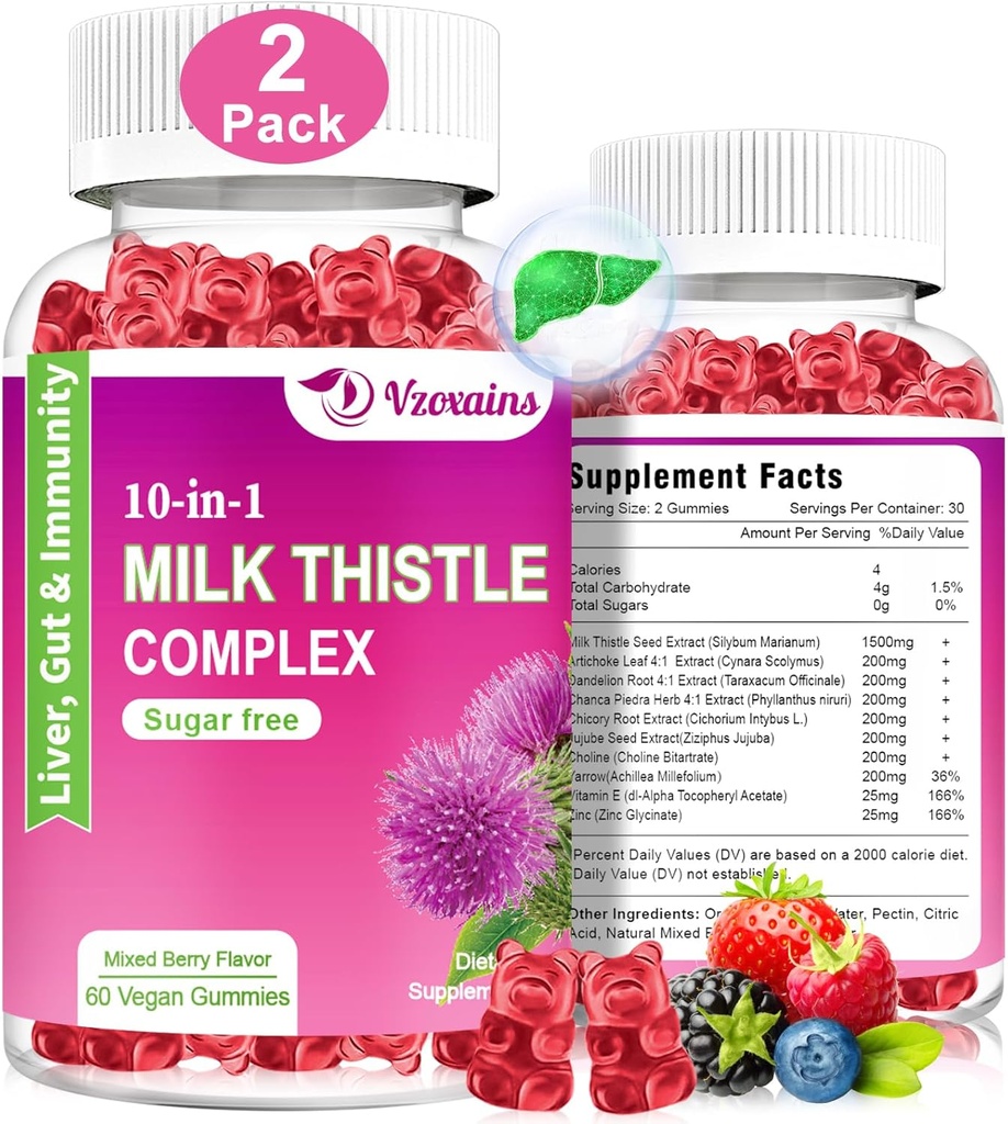 Milk Thistle Gummies, 10 in 1 kasviperäisten Formula maksan Cleanse Detox Korjaus voikukan juuri, Turmeric, Artisokka Optimal Liver Function and Ruoansulatuskanavan seka marja maku