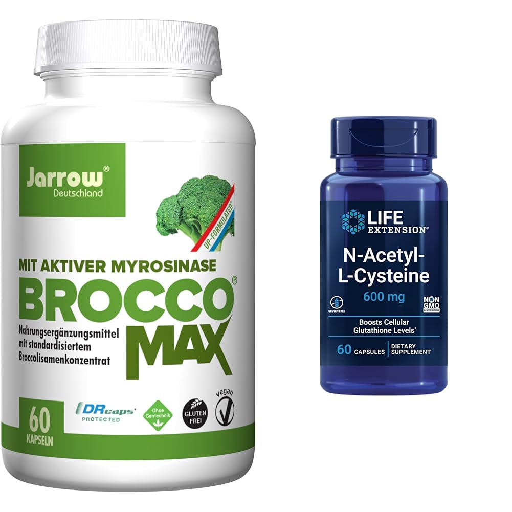 Jarow BroccoMax Sulforaphane Generator and Life Extension N-Asetyl-L-Cysteine Immuuni- ja hengitysteiden tuki Bundle, 60 kreivi Each