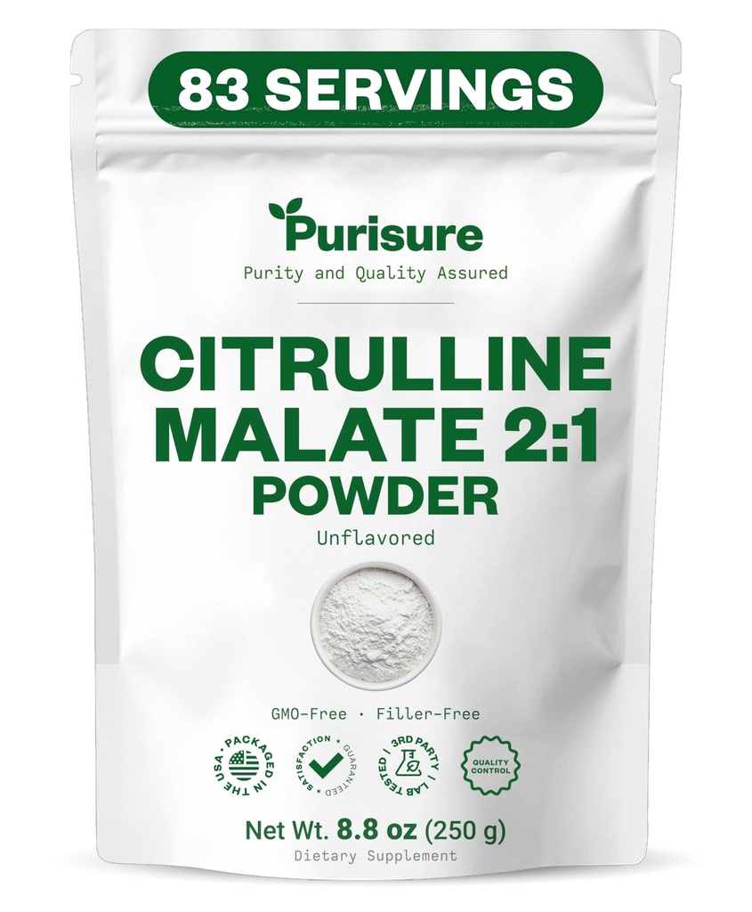 Purisure L-Citrulline Powder 250g, Premium Citrulline 2:1 Malate Supplement for Strength Performance and Energy, Pre-Workout Citrulline Malate Powder - Paranna lihaspumppuja ja Recovery - 83 Servings