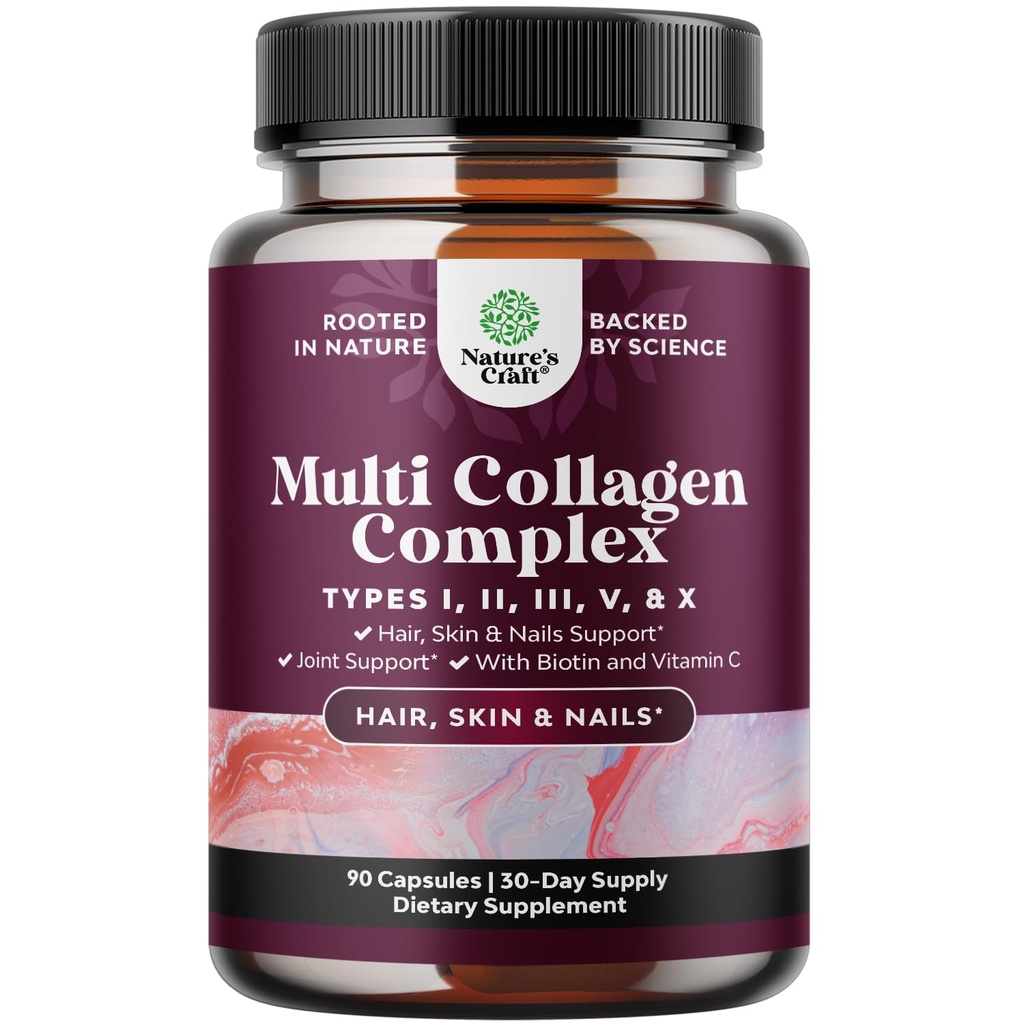 Advanced Multi Collagen Complex - Ikääntymätön Multi Collagen Peptides lisäravinteet tyypin 1 2 3 5 & X & Biotiini hiukset, iho ja kynnet Vitamiinit - Biotiini täydentää naisten ja miesten - 90