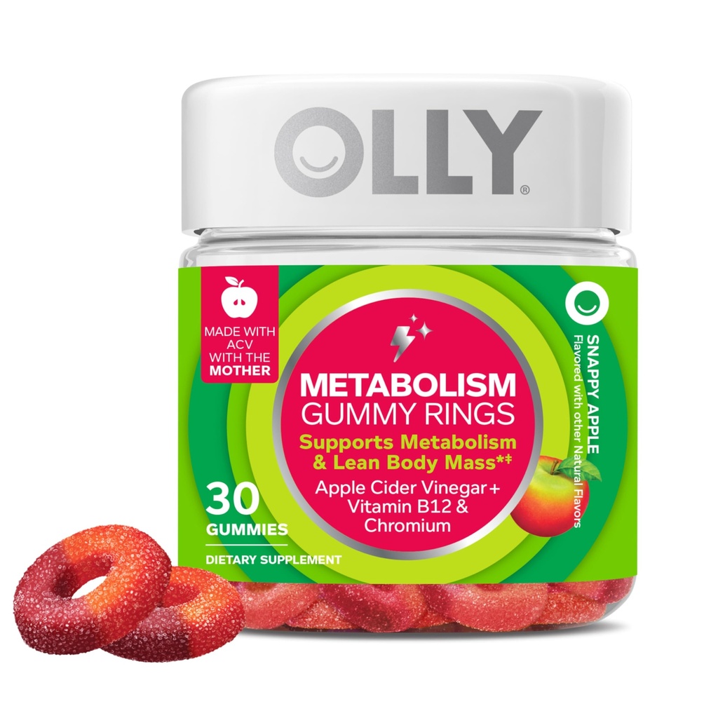 OLLY Metabolism Gummy Rings, Apple Cider Vinegar, Vitamin B12, Chromium, Energy och Digestive Health, Chewable Supplement, Apple Flavor - 30 greve
