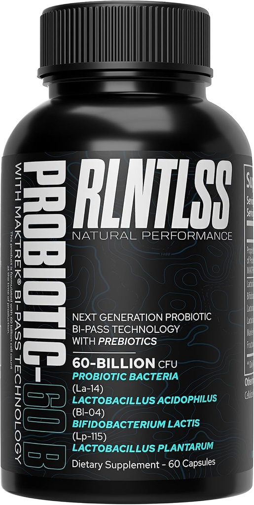 RLNTLSS - Probiotiska 60 miljarder CFU - 4 Strain Blend - Premium Supplement - Män och kvinnor - Shelf Stable Probiotic Capsule - Probiotisk och prebiotisk - (60 greve flaska)