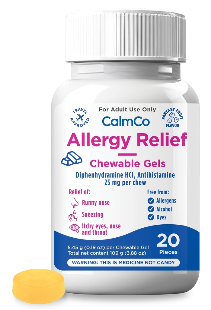 CalmCo Adult Allergia Relief Gummy Bites with Difenhydramine - Pureskeltava antihistamiini Aivastukseen, Runny Nenä ja kutiava silmät, Nighttime Allergia Medicine for Ages 12+, Fantasy Fruit Flavor, 20 Count