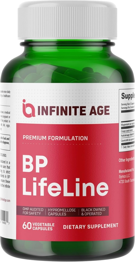 Infinite Age BP Lifeline Kapselit, 60 Count - Heart Health Support Supplement with GrapeSeed Extract, Nattokinaasi, Quercetin ja Magnesium - Valmistettu Yhdysvalloissa