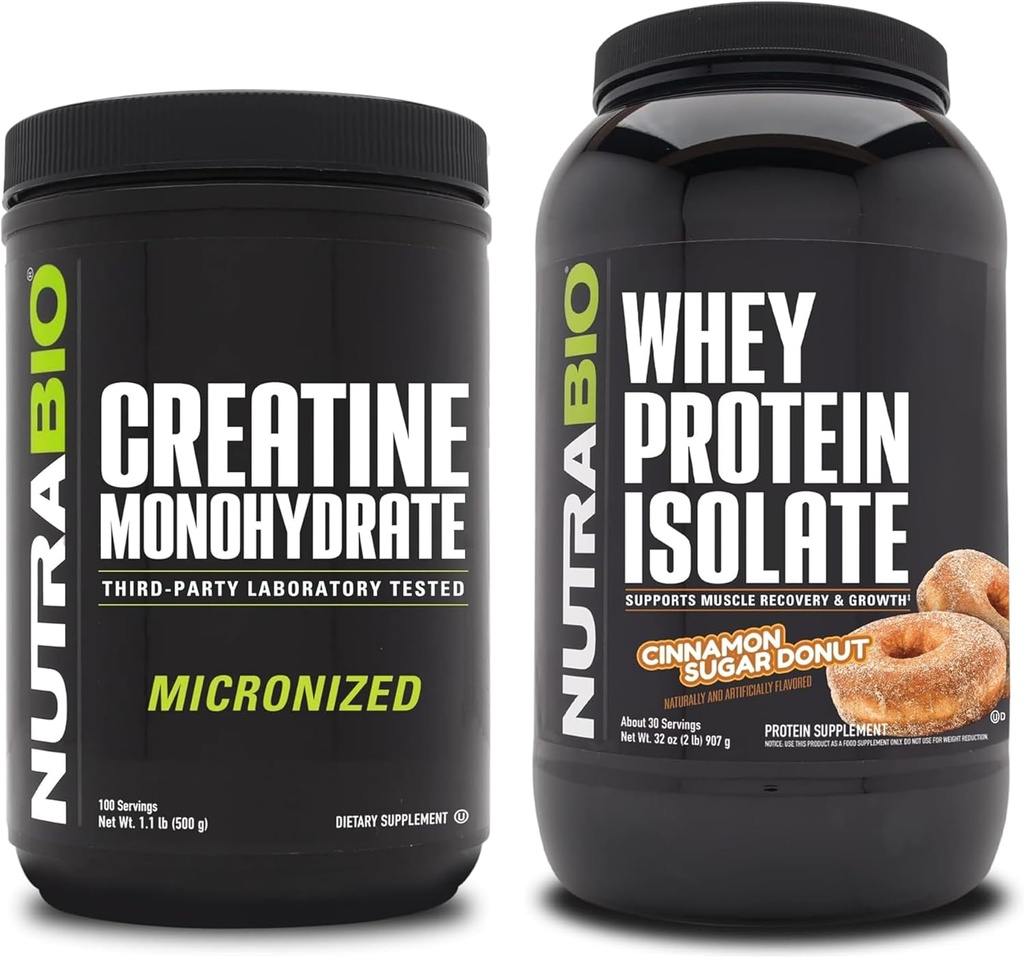 NutraBio Creatine Monohydrate, Unflavored, 500g och Whey Protein Isolate, Cinnamon Sugar Donut, Supplement Bundle - Muscle Energy, Lean Muscle Growth, Recovery och Strength