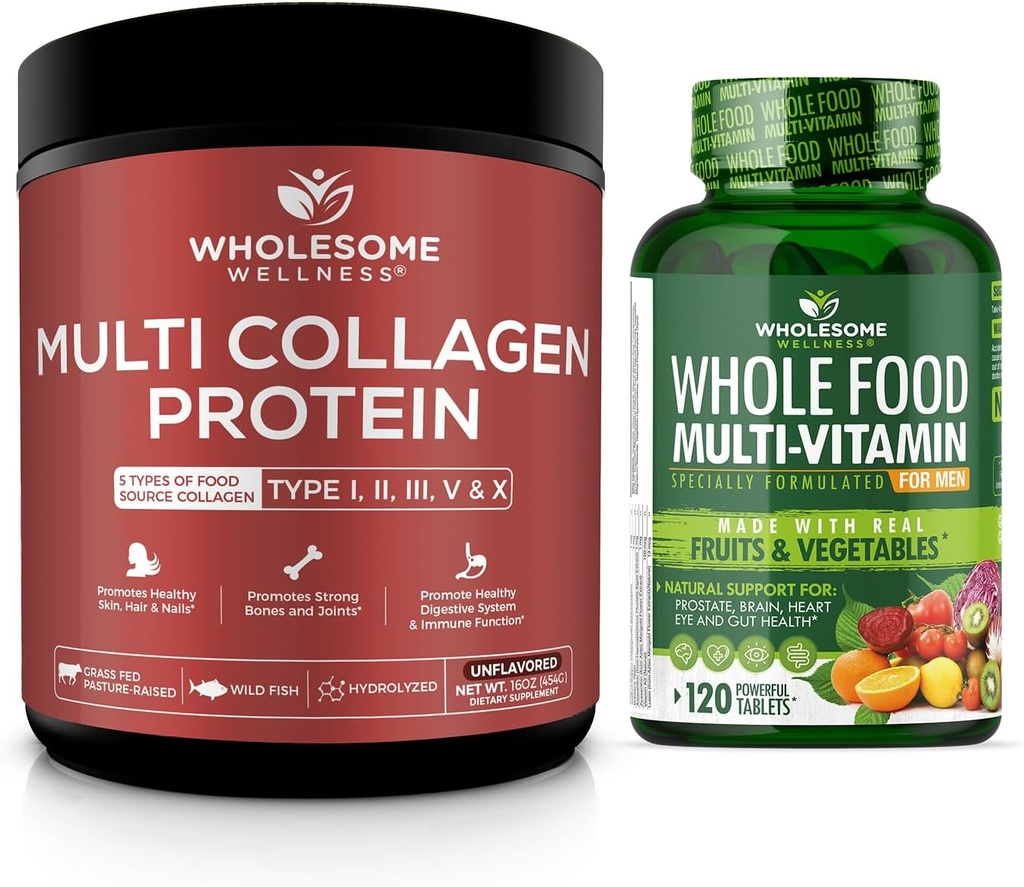 Multi Collagen Protein Powder Hydrolysed (tyyppi II III V X) + Koko ruoka Multivitamiini miesten - Luonnollinen monivitamiinit, mineraalit, Orgaaniset uutteet Bundle