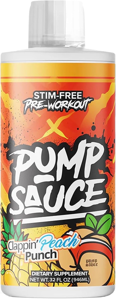 Pump Sauce Pre-Workout - 32 oz, Clappin Peach Punch, Ei kofeiinia, Full Spectrum Liquid, Gluteeniton, Vegaani, nollasokeri