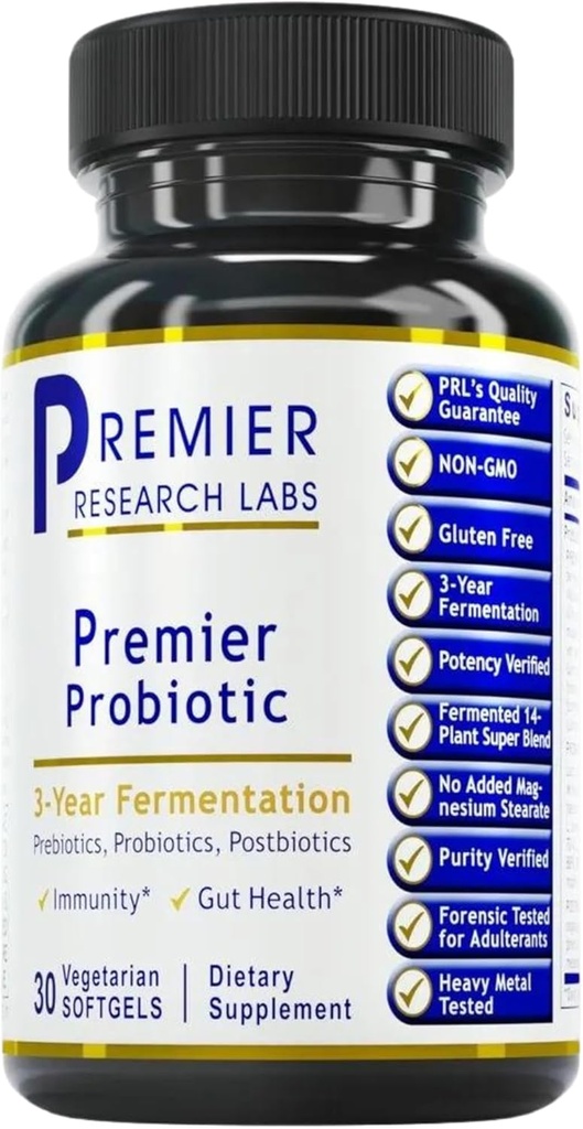 Premier Research Labs Premier Probiootti - Pre Pro Post Biotics for Women & Men, Quad Biotic, Quadibiootti, Prebiootit, Probiootit, Postbiootit & Phytobiootit - 30 Kasvissyöjä Softgel Kapselit