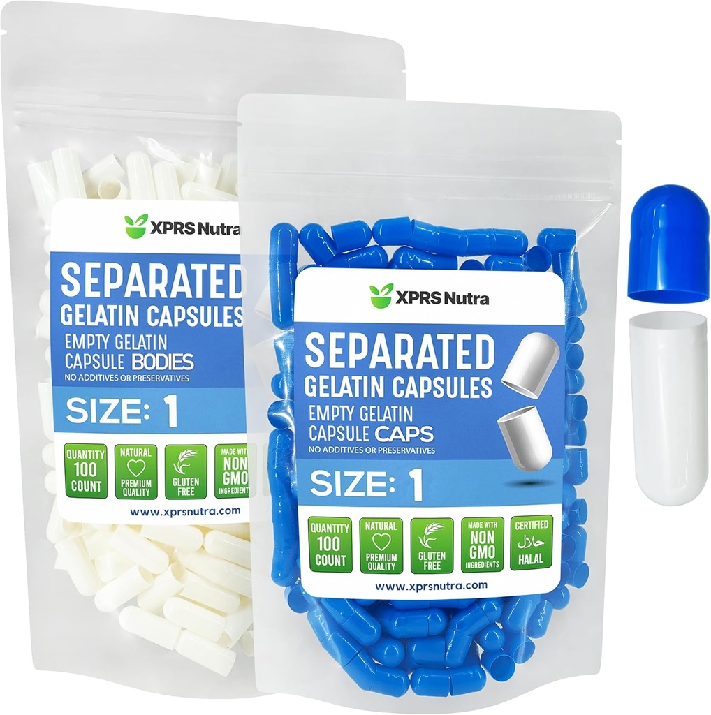 XPRS Nutra Size 1 Gelatin Separated Capsules - 100 Count Empty Pill Capsules Separerade i väskor - Tomma piller för DIY Supplement Filling (Blå / Vit)
