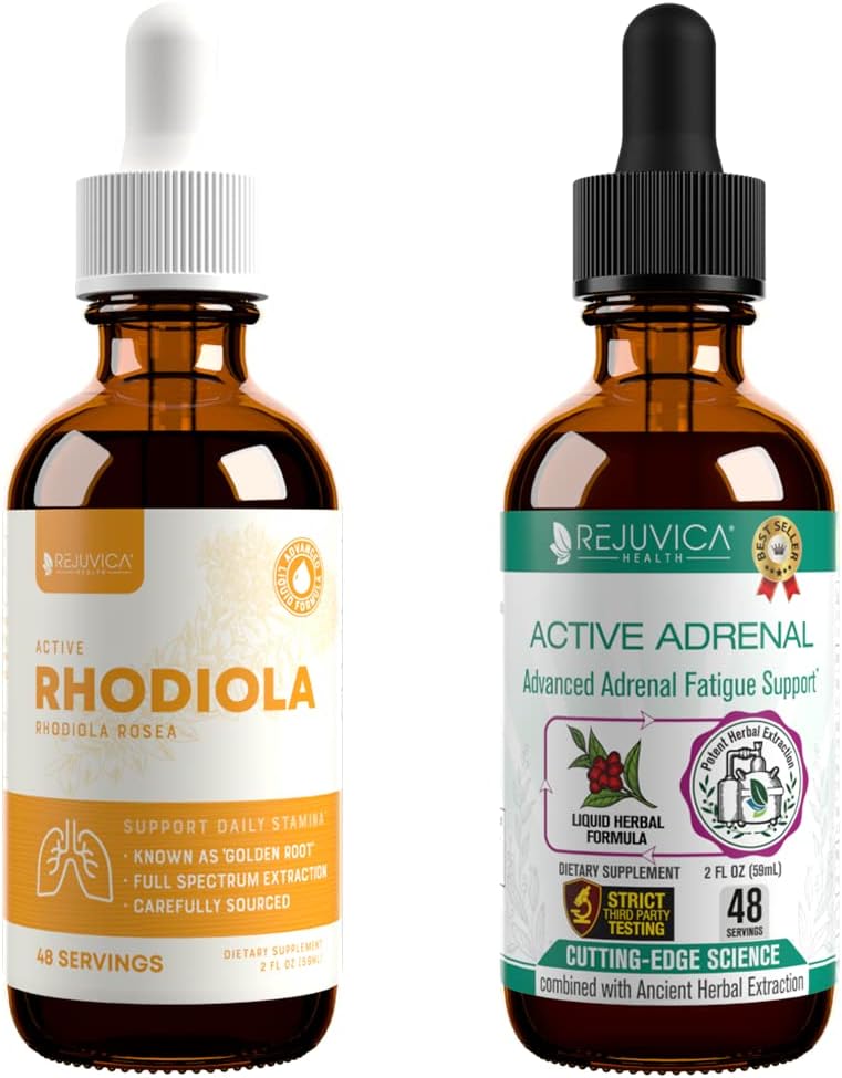 Rejuvica Health Active Rhodiola + Active Adrenal - Tuki energia + Stressi - Nesteen toimitus parempaan imeytymiseen - Rhodiola, Ashwagandha, Pyhä Basil & enemmän!