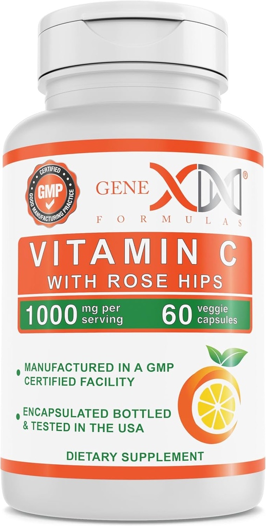 Genex Formula 1000 mg C-vitamiini Rose HIPS (60 kapselia) Tukee Terve immuunijärjestelmä - ei-GMO, Gluteeniton, Vegan (60 päivän tarjonta)