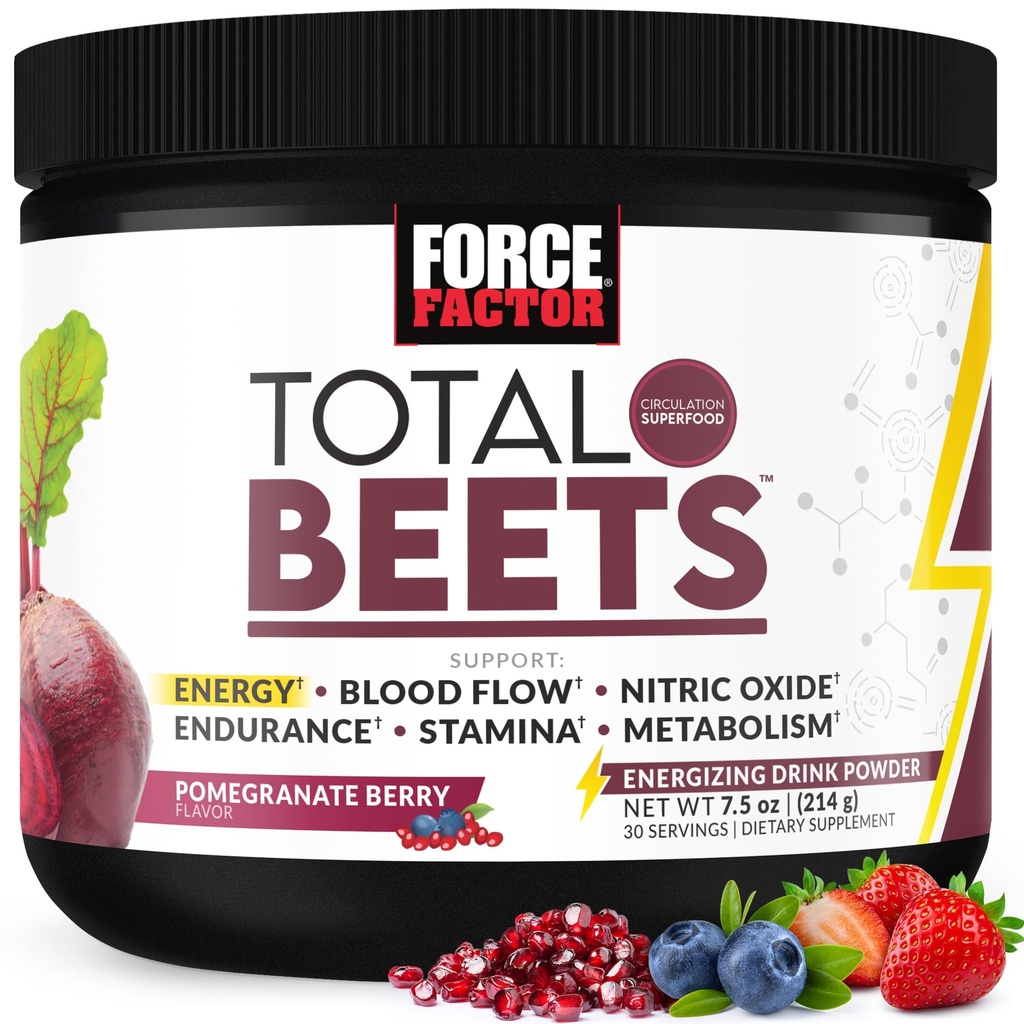 Force Factor Total Beets Energy Drink Mix, Superfood Beet Root Powder med nitrater för att öka energi- och supportcirkulationen, blodflödet, kväveoxid och uthållighet, hjärthälsotillskott, 30 portioner
