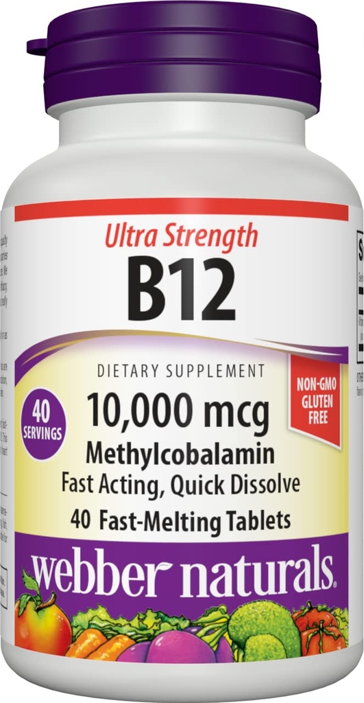 Webber Naturals Vitamin B12 10 000 mcg, Ultra Strength, 40 Count, Fast Dissolve Tablets, Vitamin Supplement Support for Energy Metabolism, Immune and Heart Health, Vegan Formel