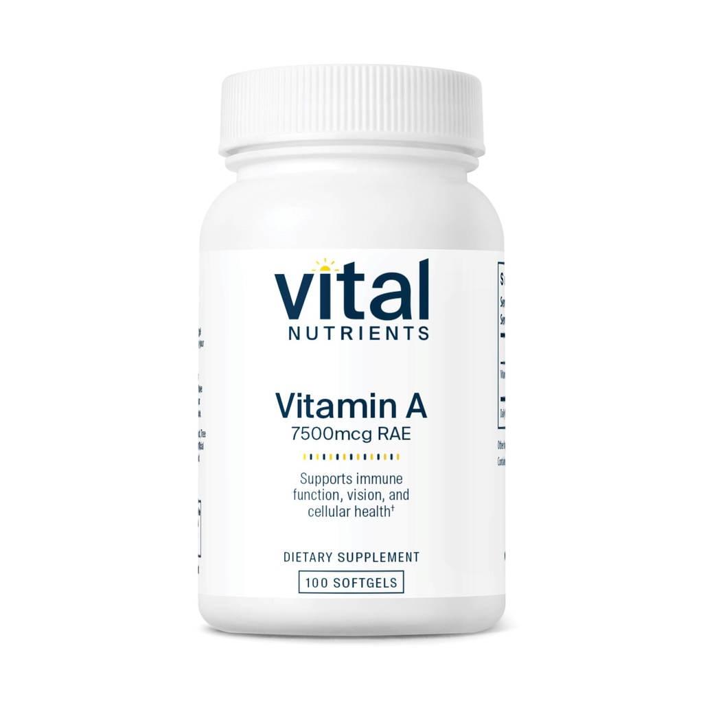 Vital Nutrients Vitamin A 7500mcg RAE | Vitamin A Supplement för immunfunktion, vision, hud och cellulär hälsa | Gluten, Dairy, Soy Free | Non-GMO | 100 kapslar