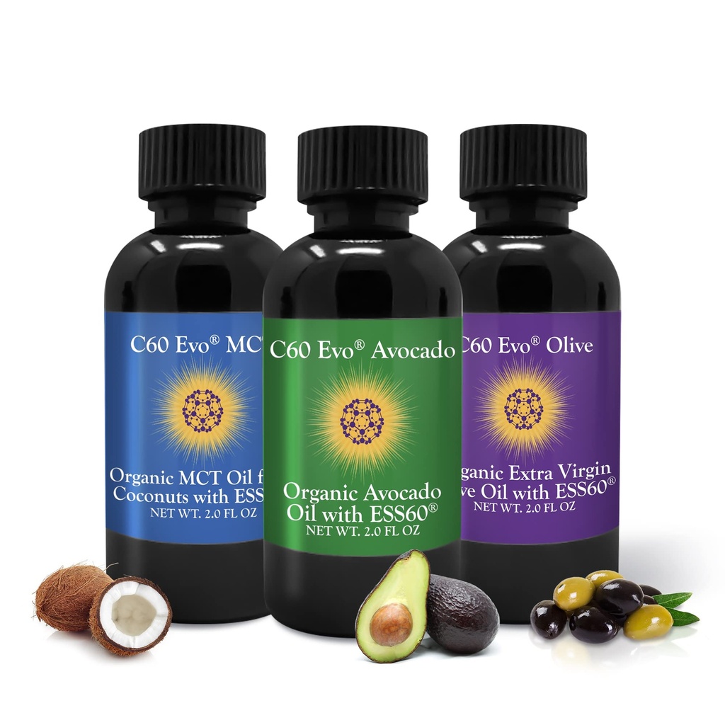 C60 Evo Kaikki luonnolliset syötävät öljyt, Mini Oil Sampler Set Pure C60 ESS60, Immunosupport ja Joint Support Oil, Avocado Oil & MCT Coconut Oil, Set of 3, 2 oz