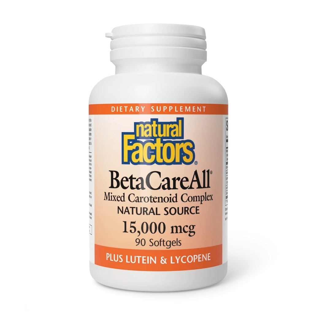 Naturliga faktorer BetaCareAll 25 000 IE, vitamin A för hälsosam hud, vision och immunfunktion, 90 Softgels