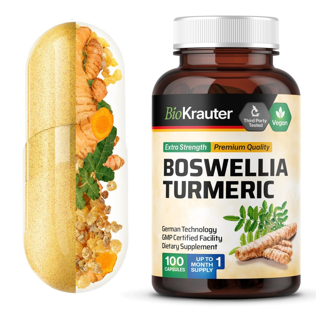 BIO KRAUTER Turmeric Supplement med Boswellia Extract Capsules - 2000 mg Blend - 100 Count - Vegan Boswellia Turmeric (Curcumin) - Formel w / Black Pepper