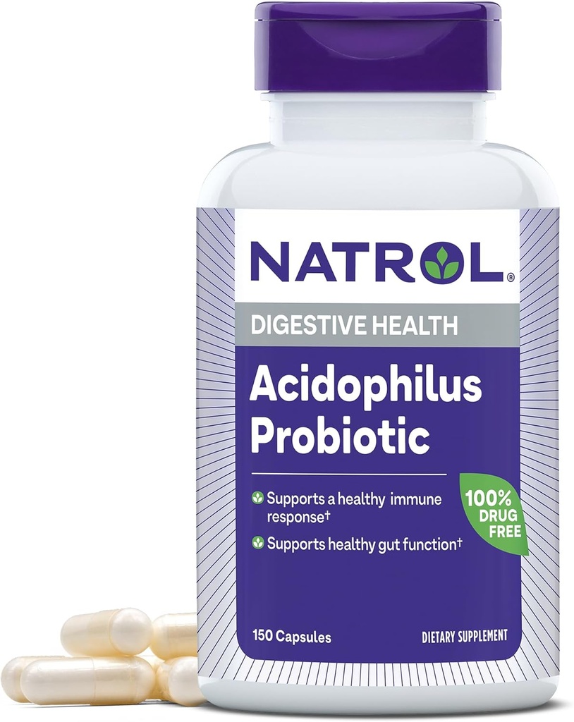 Natrol Acidophilus Probiotic 100 mg, Dietary Supplement for Healthy Gut Function, Digestive Health Capsules för vuxna, 150 kapslar, upp till en 50-dagars leverans