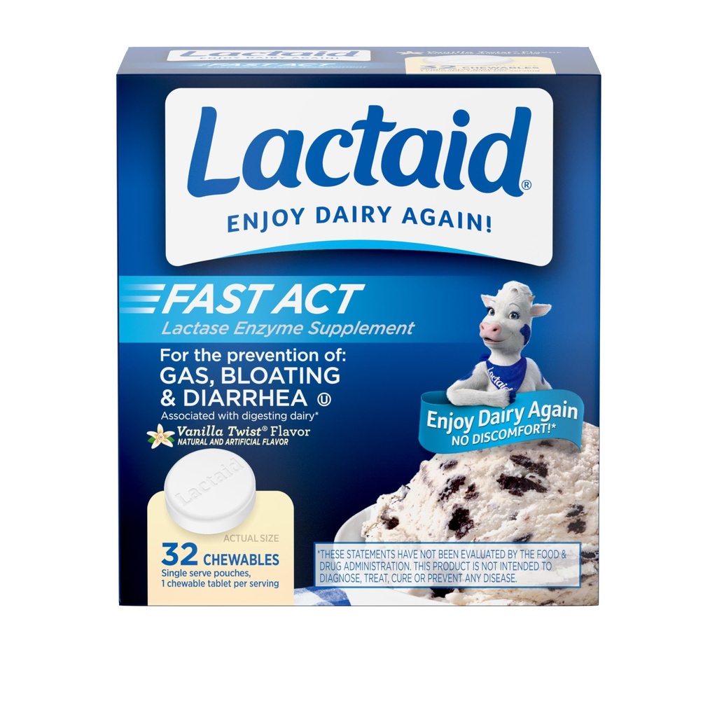 Lactaid Fast Act Laktoosi-intoleranssi Relief Pureskella luonnon laktaasientsyymejä estämään kaasua, turvotusta ja ripulia Laktoosiherkkyyden, On-The-Go, Vanilla Twist Flavor, 32 x 1 t