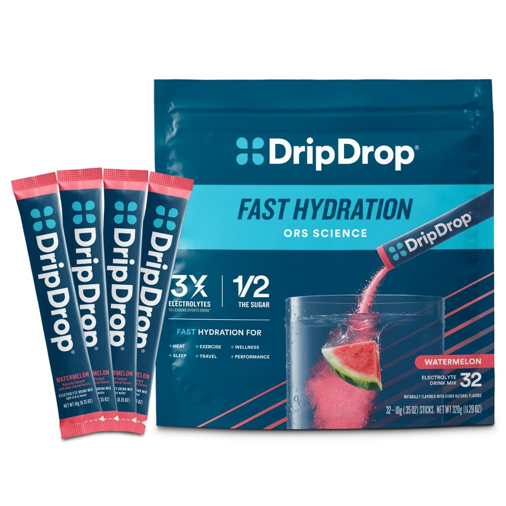 DripDrop Hydration Packets - Watermelon - Single Serve Electrolytes Powder Drink Mix - Ei-GMO, Gluteeniton, Vegan - 32 Sticks