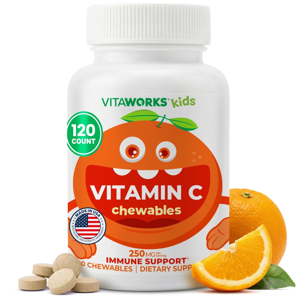 Barn Vitamin C Chewable Tablets 250mg - Vegan, GMO-Free, Gluten Free, Nut Free Vitaminer - Kosttillskott för immunstöd - för barn - 120 Chewables
