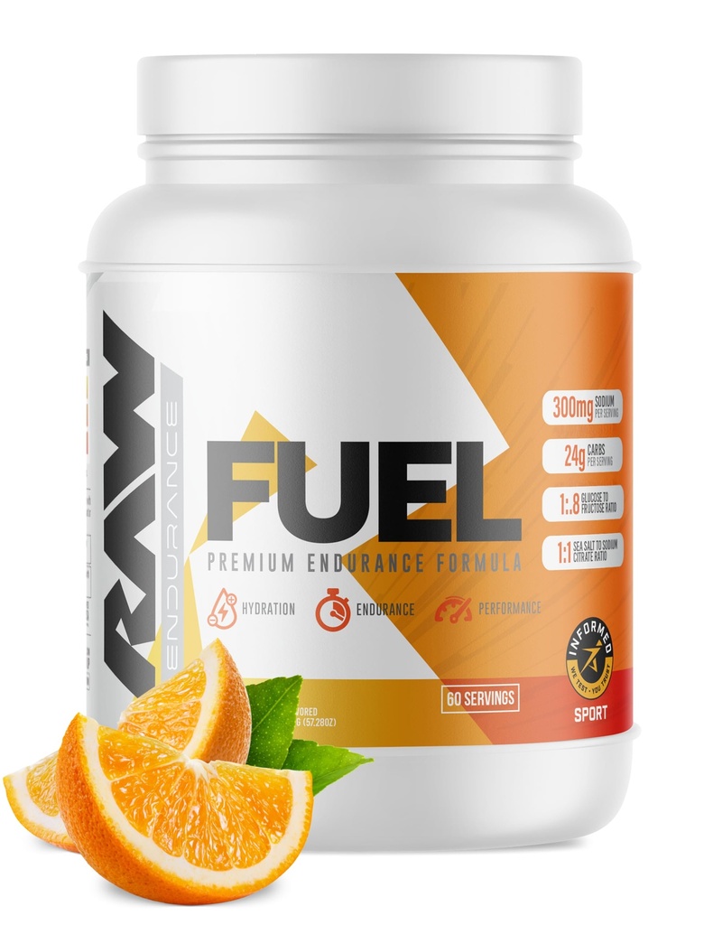RAW bränsle, Premium Endurance Supplement Powder, Orange (60 portioner) - Peak Performance, Hydration & Stamina Under träning, träning eller tävling - 24g kolhydrater och 300mg natrium