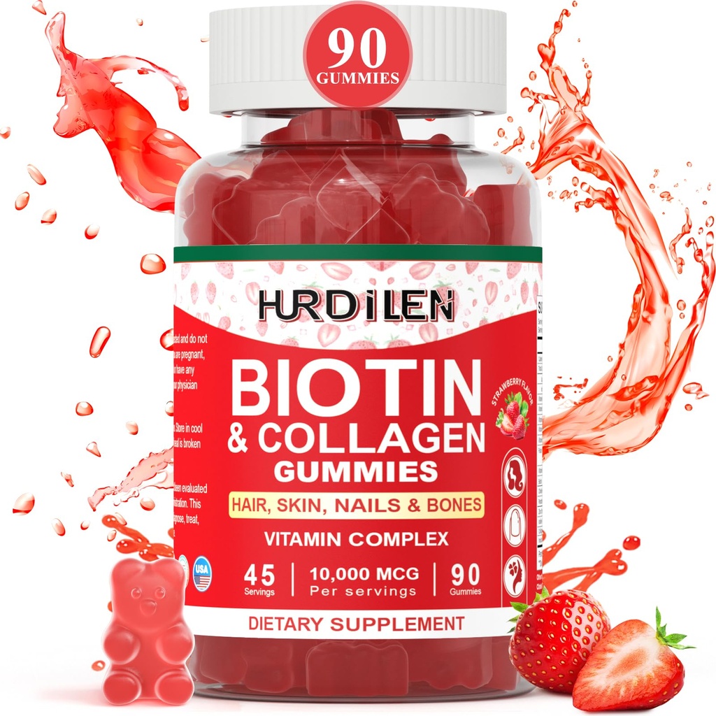 Hair Skin och Nails Gummies, 10000mcg Biotin Collagen Gummies för kvinnor och män, Vitamin Supplements stöder snabbare hårväxt, starkare naglar, hälsosam hud, styrka ben, 90 Gummies