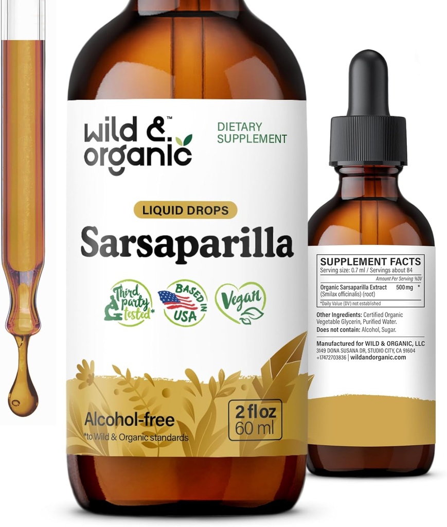 Wild & Organic Sarsaparilla Root Drops - Detox Cleanse Drops - Sarsaparilla Powder Based Tincture - Vegaani, sokeri & alkoholiton neste täydennysosa - 2 fl oz