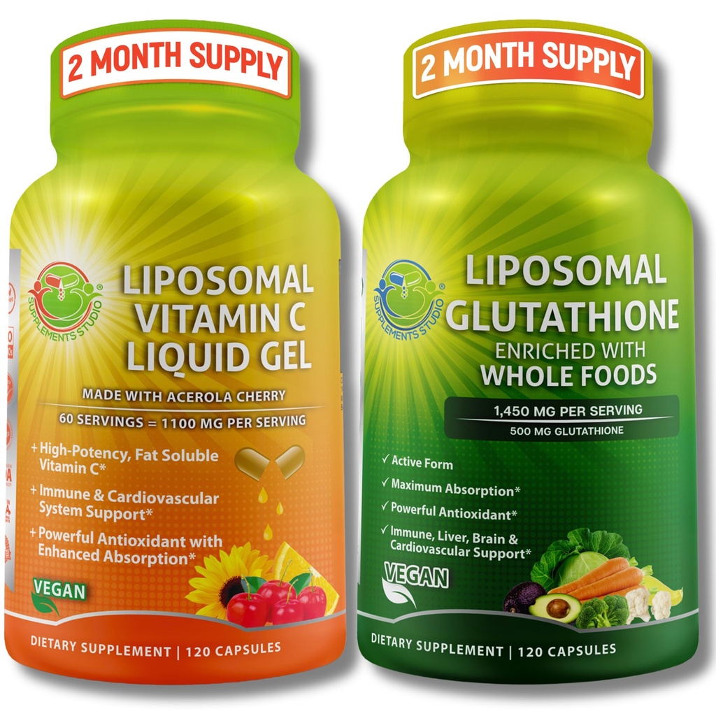 SUPPLEMENTS STUDIO Liposomal Vitamin C 1100mg Liquid Gel Capsules - Bundle upp med - Liposomal Glutathione 500mg Supplement