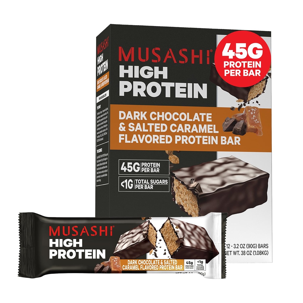 MUSASHI High Protein Bar, 45g proteiinia, <1g Total Sugars, Dark Chocolate & Suolattu karamelli, Post Harjoitus ja Proteiini Välipala Go, 12 pakkaus 3,2oz (90g) Bars