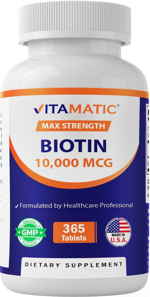 Vitamaattinen Biotiini 10 000 mikrog (10 mg) vahvemmille hiuksille, iholle ja kynsille - 365 Vegaanitablettia - myös nimeltä B7-vitamiini