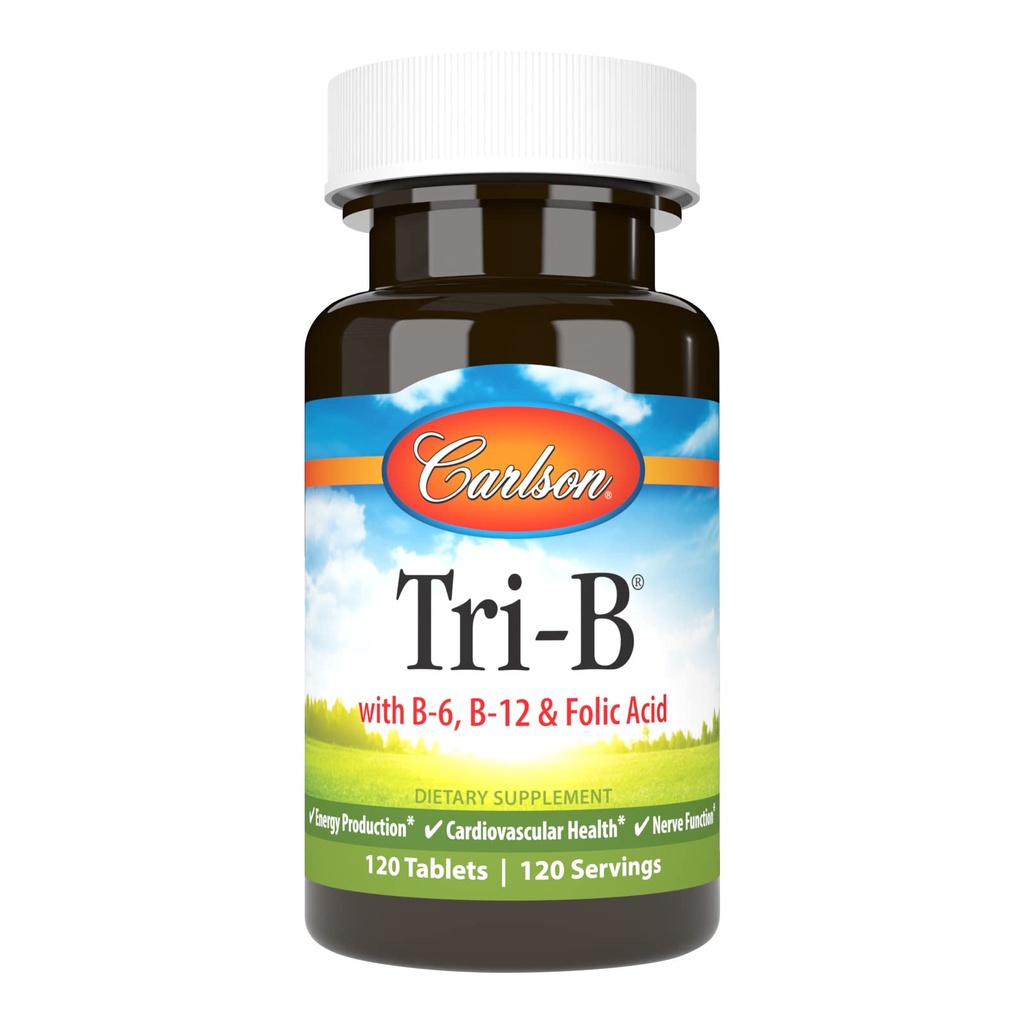 Carlson - Tri-B, B-vitamiinikompleksi, 25 mg B-6, 400 mikrog B-12-vitamiini, Foolihappoenergiapillerit, Edistää sydän- ja verisuoniterveyttä, B-kompleksi vitamiinit, B12-lisä, B-vitamiinikompleksi, 120 tablettia