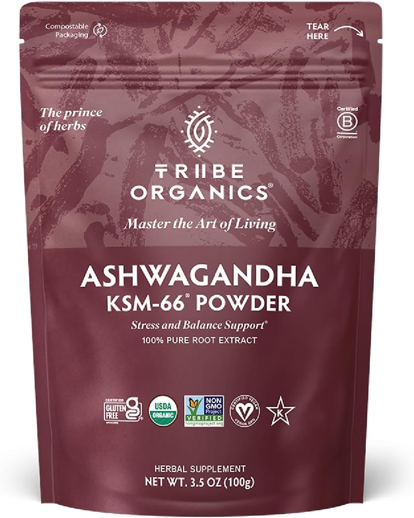 TRIBE ORGANICS KSM-66 Ashwagandha Root Extract Powder Ayurvedic Herb for Mood Support | Öka energi | Styrka - Organisk | Naturlig | Glutenfri | Non GMO | Full-Spectrum - 100g Pouch