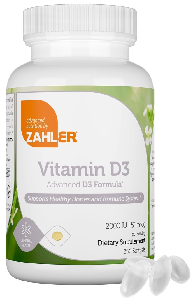 Zahler - Advanced D3-vitamiini 2000 IU Softgels (250 kreivi) Kosher Kasvissyöjä Friendly D-vitamiinin immuunitukea, luuta, hampaiden ja lihasten terveys - Päivittäinen D3-vitamiini täydentää aikuisille - Easy Swallow V