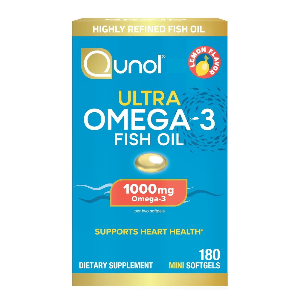 Qunol Fish Oil Omega 3 Mini Softgels, 1000 mg Omega 3 EPA + DHA, Ultra Pure Lisäravinteet, Heart Health Support, sitruunamaku, helppo niellä Minis, 3 kuukauden toimitus, 180