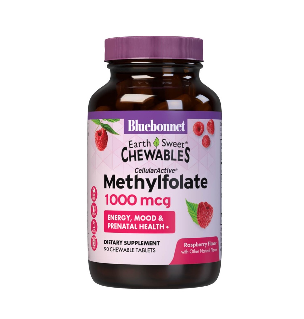 Bluebonnet EarthSweet Methylfolate 1000 mikrog Cellular Active Coenzyme 5- MTHF L Metyyli Folaatti Supplement - Prenatal & Energy Support - Ei-GMO, Vegan, Gluteenittomat - Vadelma - 90 purutablettia