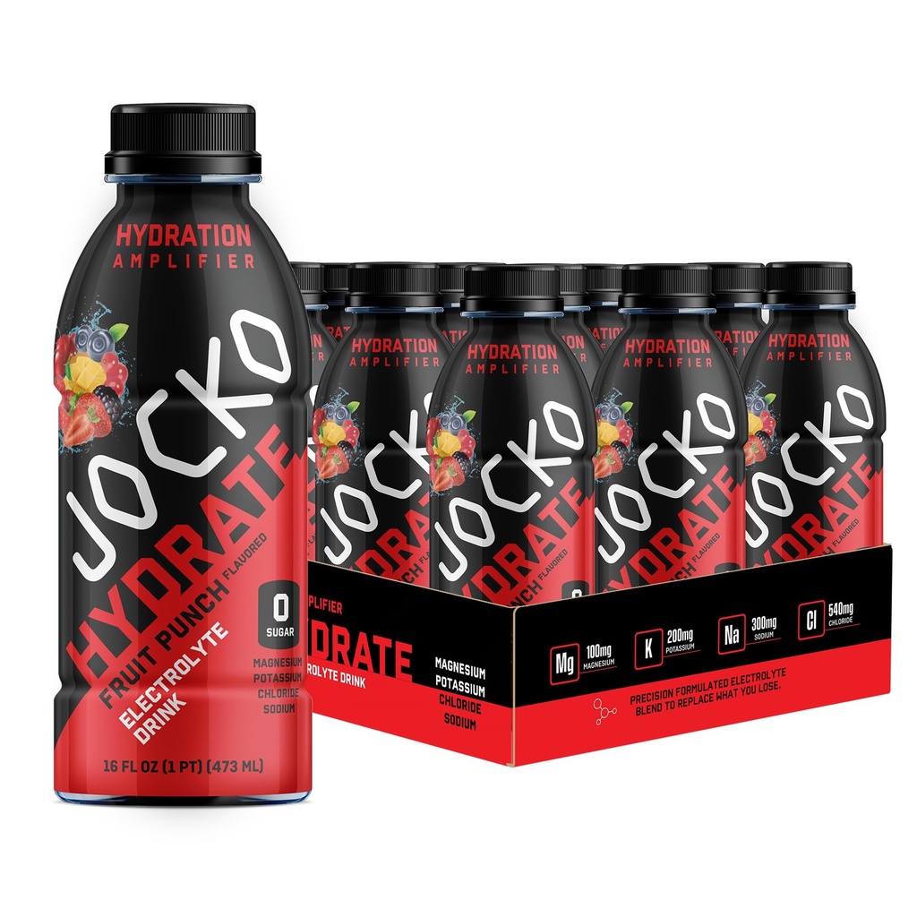 Jocko Fuel Hydrate Electrolyte Drinks - Sport Drink Hydration Amplifier, Thirst Quencher - Scientifically Formulerad Electrolyte Blend Fruit Punch Flavor 16 Oz (12 Pack)