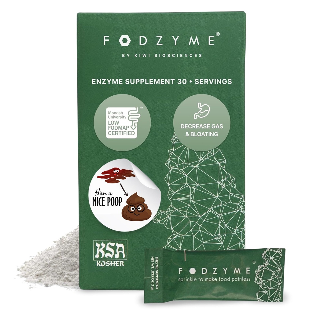 FODZYME® On-The-Go-Ruoansulatuskanavan Entsyymit Gut Healthille, turvotus, kaasu, ummetus, ripuli, vatsakipu, matala FODMAP, 30 annosta