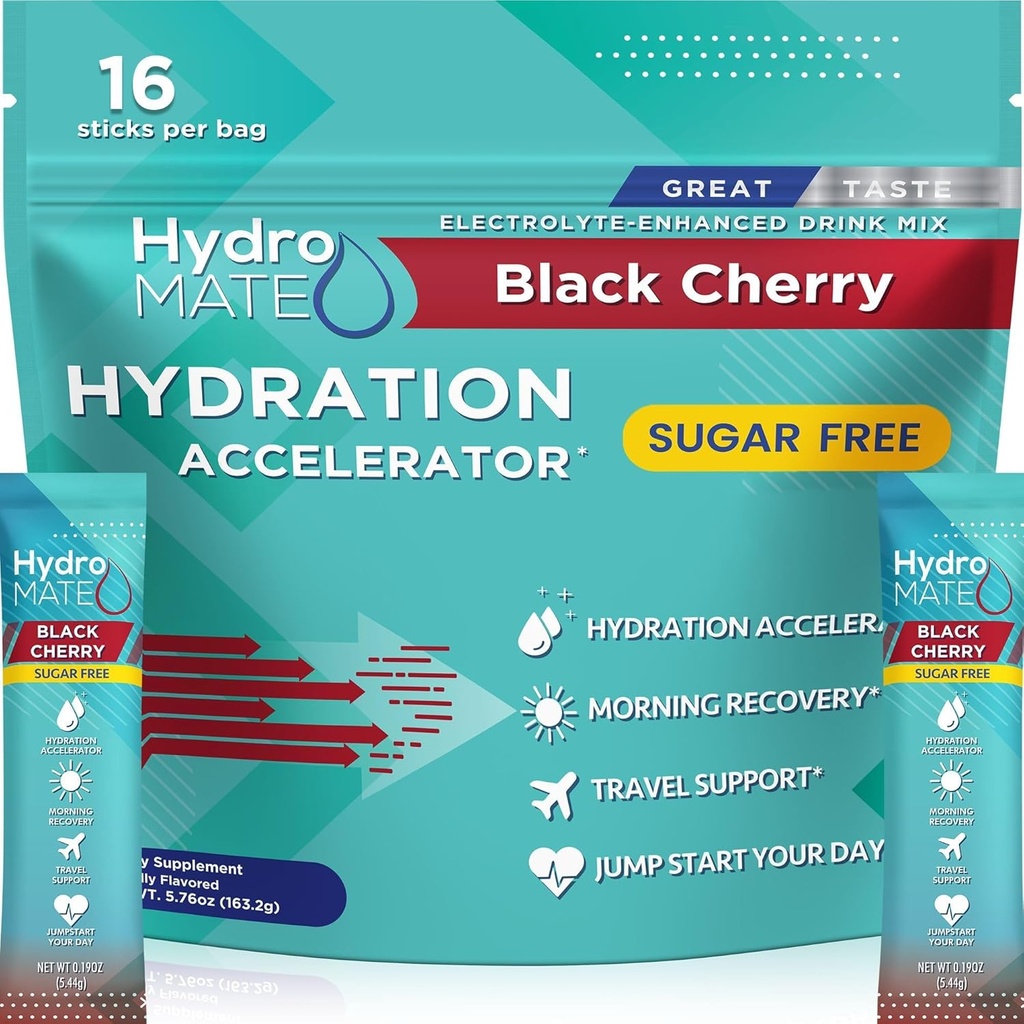 Elektrolyyttijauhe Sokeriton nesteytyspakkaus Musta kirsikka HydroMATE 16 Sticks
