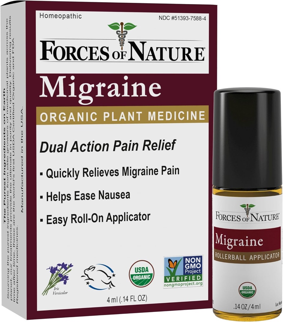 Luonnonvoimat, Orgaaninen migraine Pain Response Topical Roll-on, Tukee Prodrome, Aura, Päänsärky, Väsymys, Valon ja äänen herkkyys, Pahoinvointi liittyvät migreenit, ei-GMO, 0,14 Fl Oz