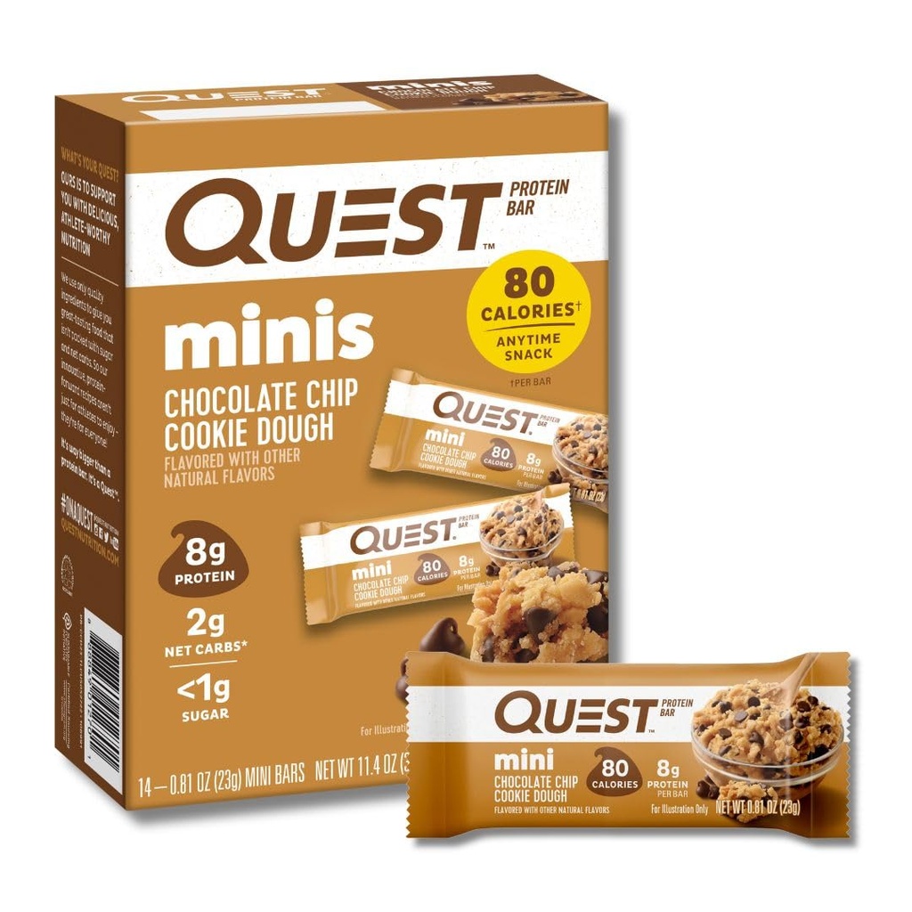 Quest Nutrition Mini Chocolate Chip Cookie Dough Protein Bars, 8g proteiinia, 1g sokeria, 2g Net Carbs, Gluteeniton, 14 kreivi