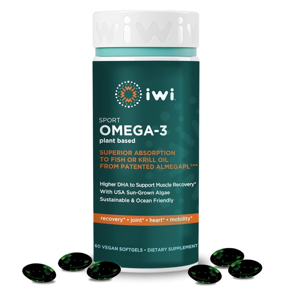 Iwi Omega-3 Sport, 60 Softgels (30 tarjoilua), Plant-Based Vegan Algae Omega 3 DHA, harjoitus Recovery Support Dietary Supplement, Krill & Fish Oil Alternative, No Fishy Aftertaste