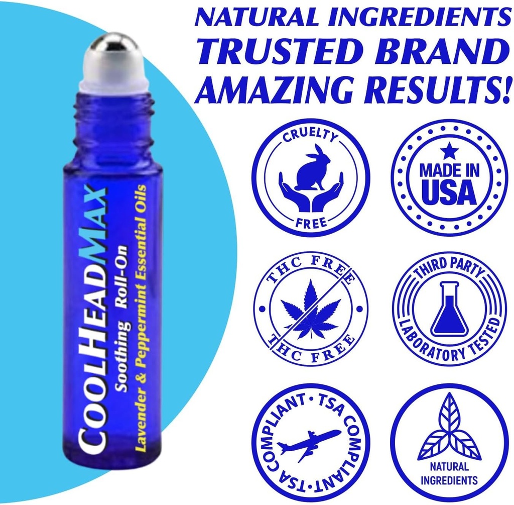 CoolHeadin Max Roll On, Natural Piparminttu Essential Oil Migreeni Relief, Päänsärky Tuki rullalla, Nopea jäähdytys Mukavuus pään, 3 pakkaus