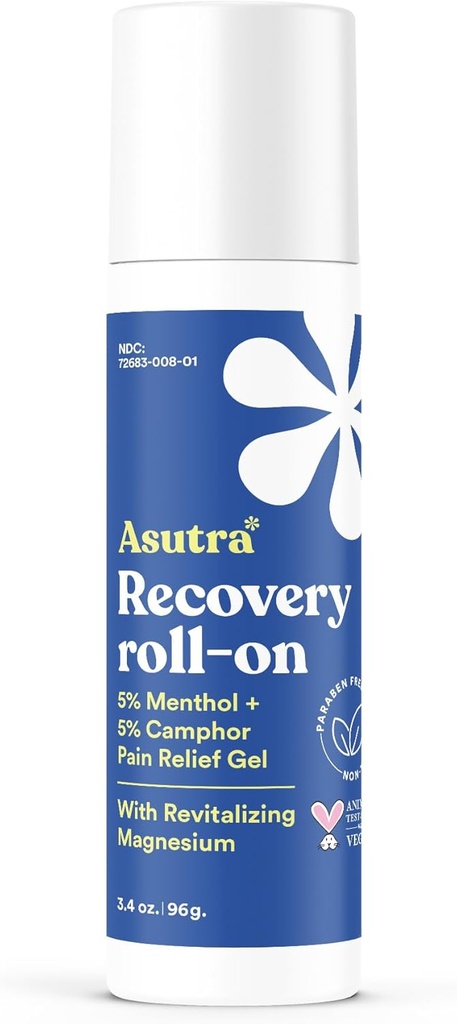 ASUTRA Recovery Roll-On Gel, 3.4 oz - Jäähdytys ja lämmin sensaatio, väliaikainen helpotus lihasten epämukavuutta ja soreness, Mess-free Applicator, Menthol, Camphor, ja Premium-Quality Magnesium