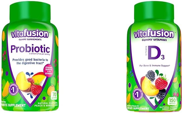 Vitafuusio Probiootti Gummy lisäravinteet, vadelma, persikka ja mango makuja & D3-vitamiinia Gummy Vitamiinit luun ja immuunijärjestelmän tukea