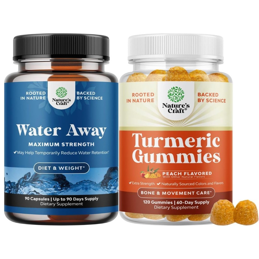 Bundle of Water Away Fluid Retention with Dandelion Leaf Extract & Green Tea for Bloating Relief and Turmeric Gummies for Aikuinen Persikka Flavor - Turmeric Curcumin with Black Pepper Extract ja inkivääri