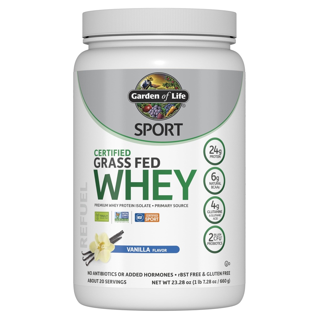 Puutarha Life SPORT Whey Protein Powder Vanilla, Premium Grass Fed Whey Protein Isolate plus Probiootit Immunosystem Health, 24g Proteiinia, Ei GMO, Gluteeniton, Kylmäkäsitelty - 20 Tarjoilut