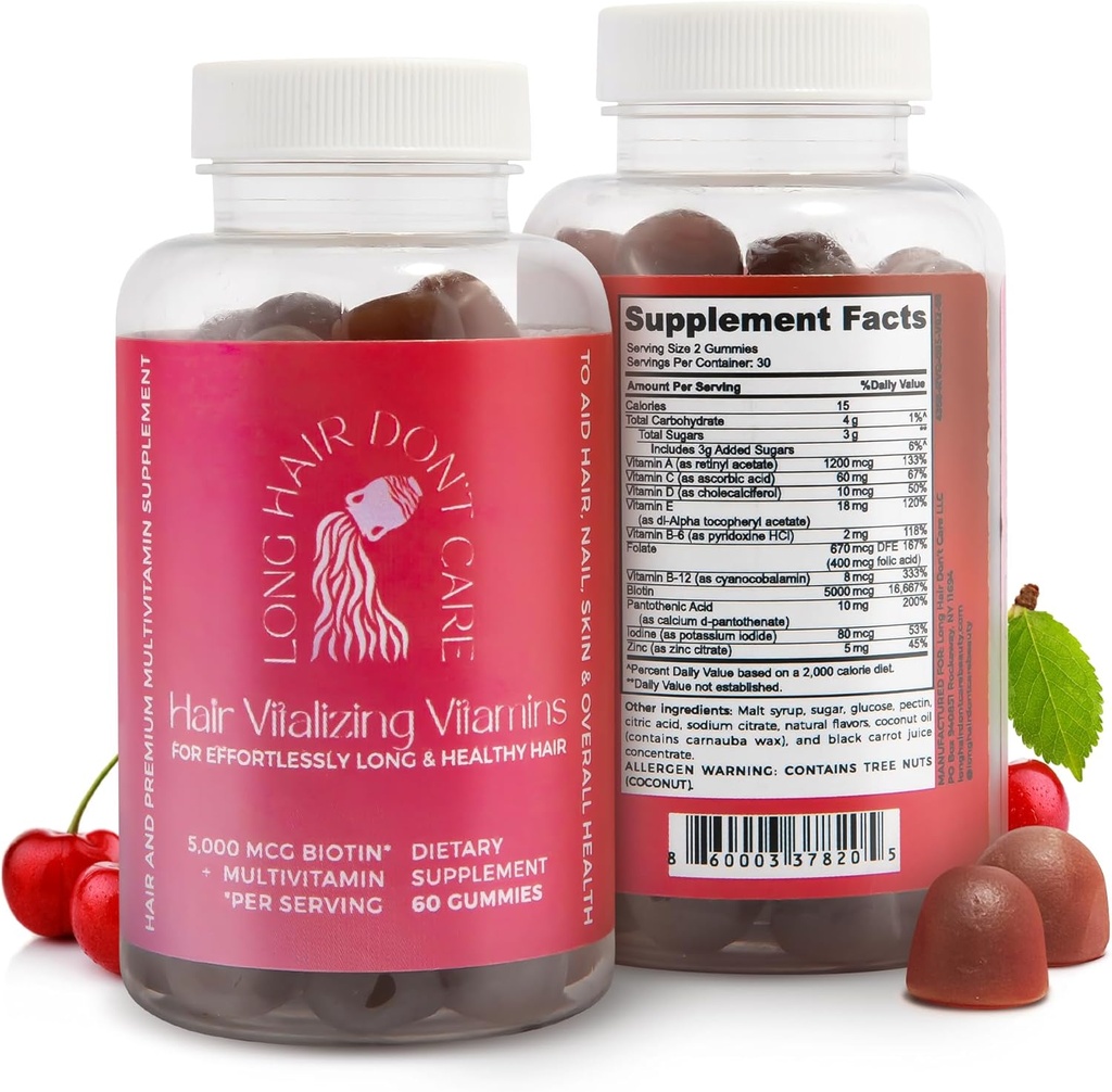 Long Hair Care Hair Vitalizing Vitamins, Hair Skin och Nails Vitamins, Vitaminer för kvinnor och män, Pantothenic Acid, Folic Acid & Biotin Gummies, Non-GMO Hair Vitamins, 60 Gummy Vitaminer