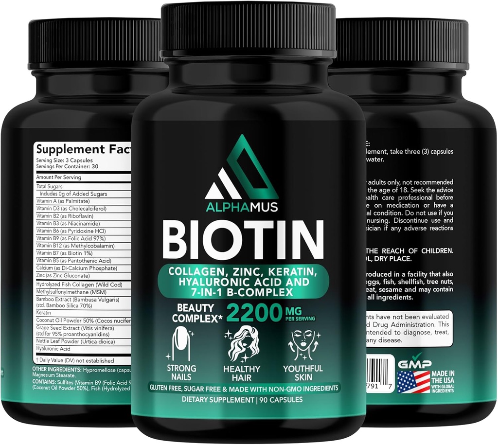Biotin och Collagen Supplements with Keratin - Biotin 5000mcg Capsules for Hair Growth, Healthy Skin & Nails - Optimized Blend of Hyaluronic Acid & Vitamin-B Complex for Women & Men, 90 Capsules